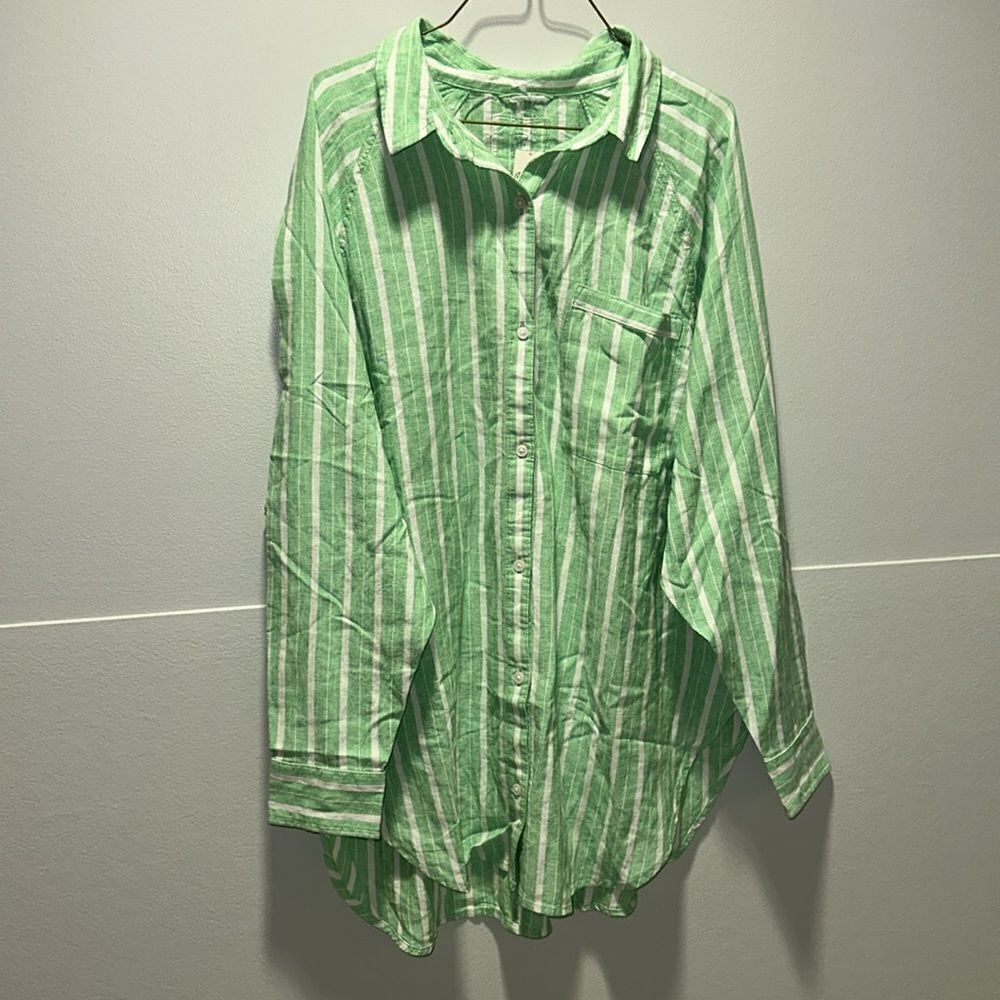 aerie S Celebrity Green White Stripe Pool-to-Party Linen Blend Cover up Shirt